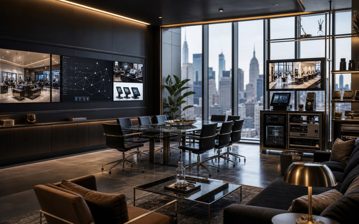 48First New York corporate office with retail technology demo displays and Manhattan skyline view